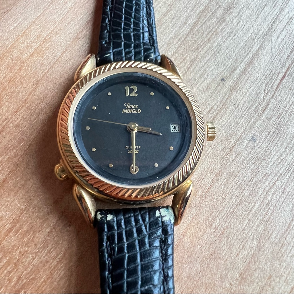 Vintage 90s Timex Indiglo Black Dial Gold Tone Ladies Dress Watch New Battery